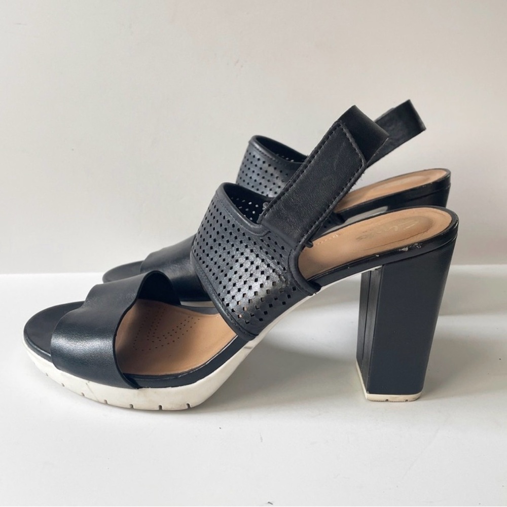 Clarks Artisan Black Leather Perforated Block‎ Heel Sandals Womens 9 261142505
